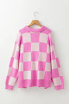 Peony Pink Checkerboard Half Button Collared Drop Shoulder Sweater. Preorder