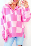 Peony Pink Checkerboard Half Button Collared Drop Shoulder Sweater. Preorder